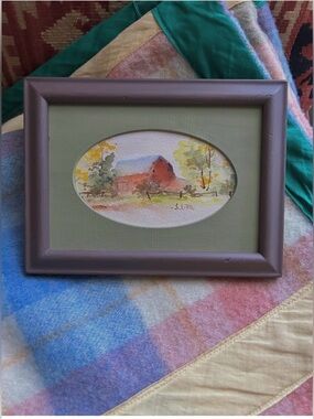 Original Watercolor Barn Scene in Muted Wooden Frame